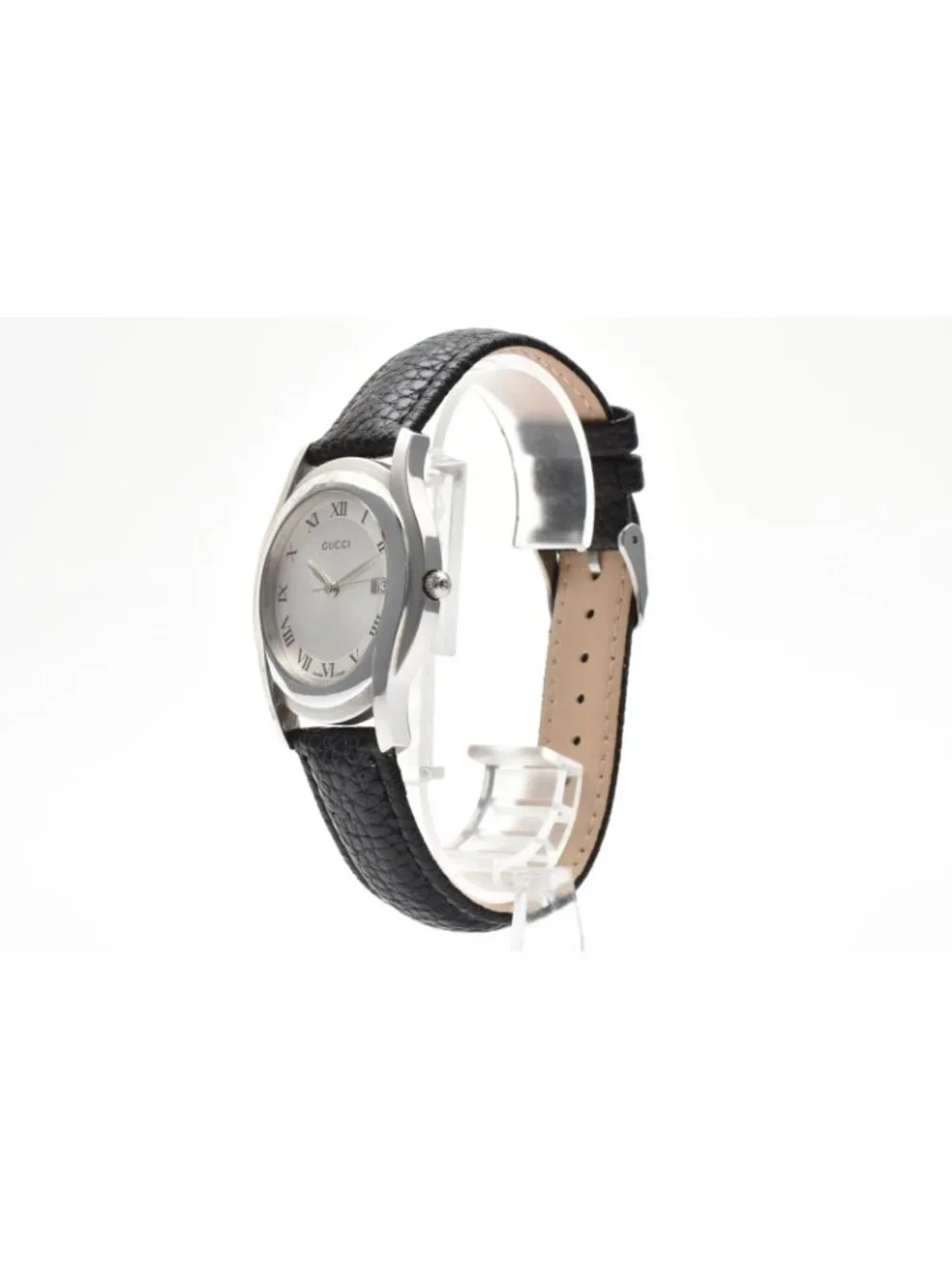 Gucci Quartz Watch Silver Dial Roman Numeral Date Display Stainless Steel Black